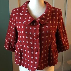 Tulle jacket, red with white dots, wool & acrylic, three quarter sleeve. sz L